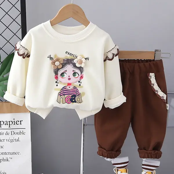 【9M-4Y】2-piece Girls Cartoon Print Round Neck Long Sleeve Sweatshirt And Pants Set - Popopieshop.com 