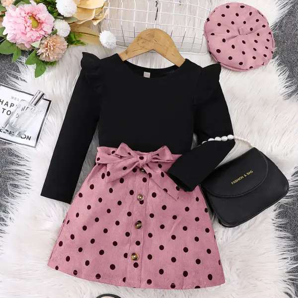【18M-6Y】3-piece Girls Long Sleeve T-shirt And Corduroy Polka Dot Print Skirt Set With Hat - Popopieshop.com 