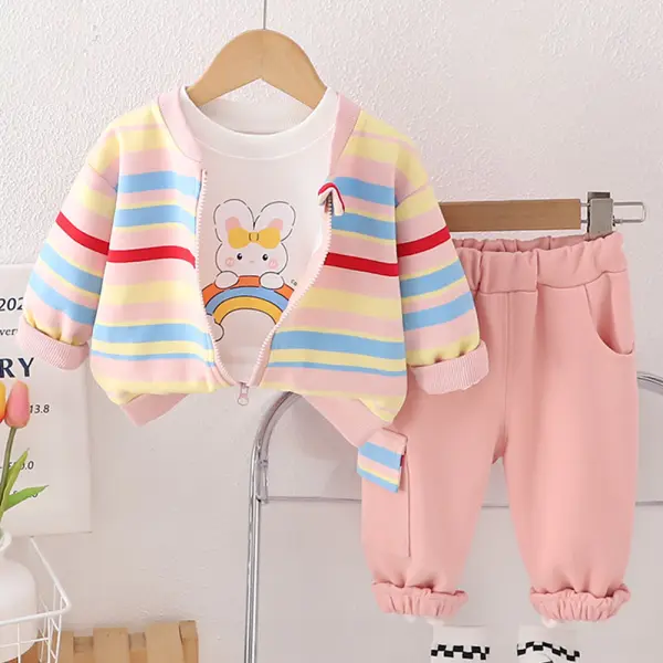 【9M-4Y】3-piece Girls Bunny Print Long Sleeve T-shirt And Rainbow Stripe Jacket And Pants Set - Popopieshop.com 