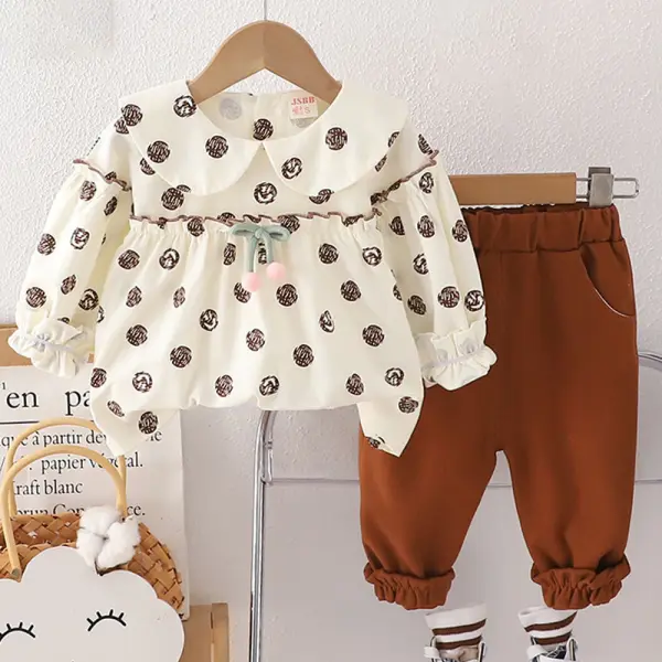 【9M-4Y】2-piece Girls Polka Dot Print Long Sleeve Shirt And Pants Set - Popopieshop.com 