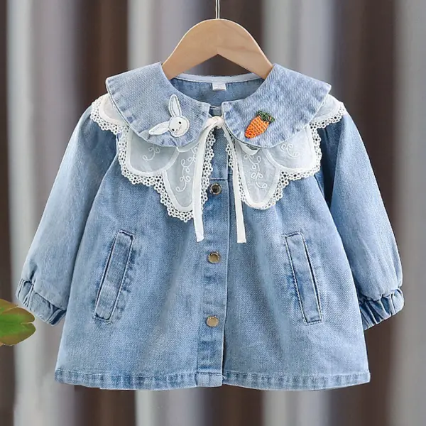 【12M-5Y】Girls Bunny Carrot Embroidered Lapel Denim Jacket - Popopieshop.com 