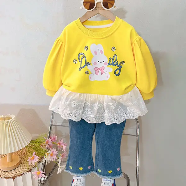 【9M-4Y】2-piece Girls Bunny Print Lace Long Sleeve Sweatshirt And Jeans Set - Popopieshop.com 