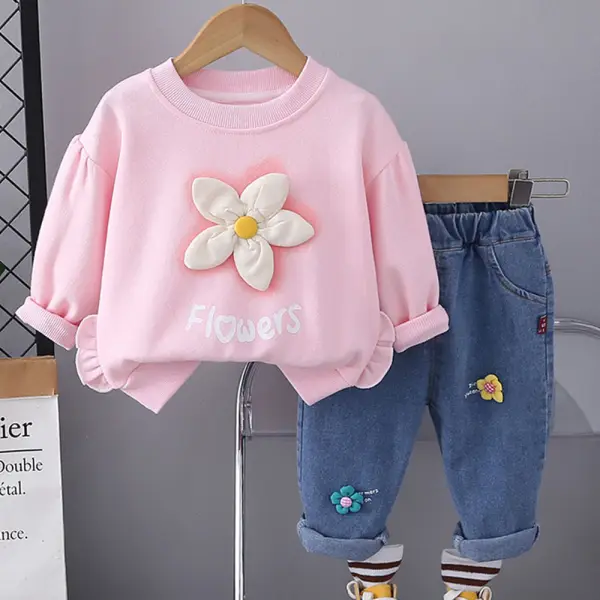 【9M-4Y】2-piece Girls Floral Applique Round Neck Long Sleeve Sweatshirt And Jeans Set - Popopieshop.com 