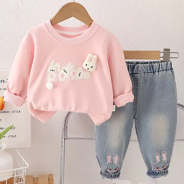 【9M-4Y】2-piece Girls Bunny Embroidered Long Sleeve Sweatshirt And Jeans Set - Popopieshop.com 