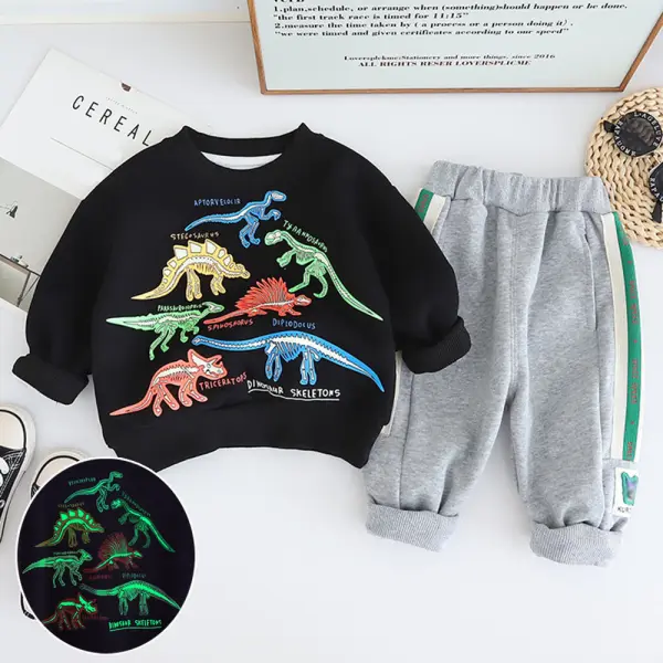 【9M-4Y】2-piece Boys Luminous Dinosaur Print Long Sleeve Sweatshirt And Pants Set - Popopieshop.com 
