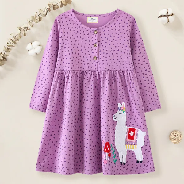 【1Y-7Y】Girls Cute Alpaca Embroidered Purple Dress - Popopieshop.com 