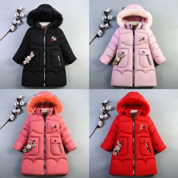 【4Y-12Y】Girls Fashionable Monogrammed Embroidered Padded Hooded Quilted Jacket - Popopieshop.com 