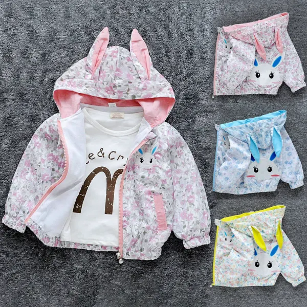 【12M-6Y】Girls Cute Floral Print Bunny Embroidered Hooded Jacket - Popopieshop.com 