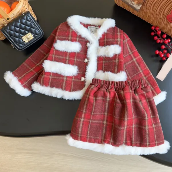 【18M-8Y】2-piece Girls Stylish Red Plaid Tweed Jacket And Skirt Set - Popopieshop.com 