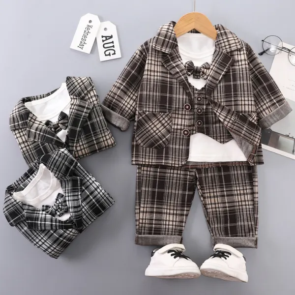 【6M-4Y】3-piece Boys Stylish Fake Two Piece T-shirt And Plaid Pants And Jacket Set - Popopieshop.com 