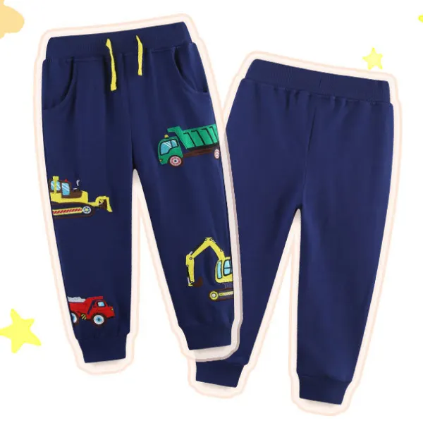 【1Y-7Y】Boys Fashion Digger And Truck And Crane Embroidered Navy Sweatpants - Popopieshop.com 