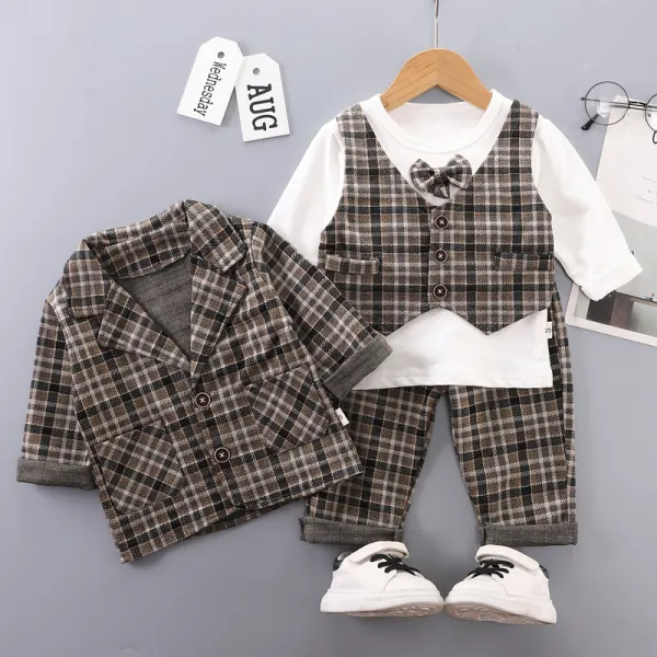 【6M-4Y】3-piece Boys Stylish Fake Two Piece T-shirt And Plaid Pants And Jacket Set - Popopieshop.com 
