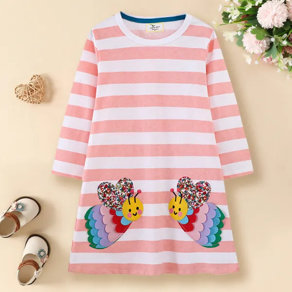【1Y-7Y】Girls Cute Bee Embroidered Pink Striped Dress - Popopieshop.com 