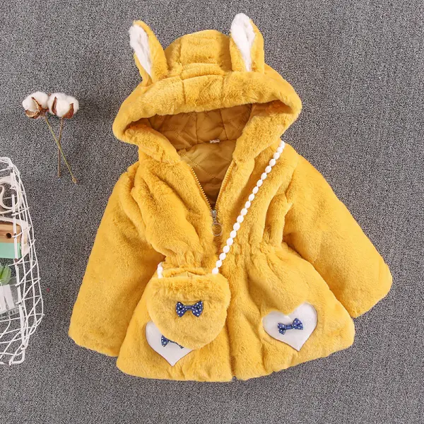 【18M-6Y】2-piece Girls Cute Bow Heart Shape Embroidered Padded Faux Fur Hooded Coat And Bag - Popopieshop.com 
