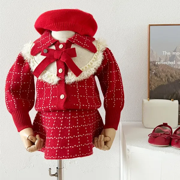 【18M-6Y】2-piece Girls Fashion Plaid Jacquard Bowknot Doll Collar Long Sleeve Sweater Coat And Skirt Set - Popopieshop.com 