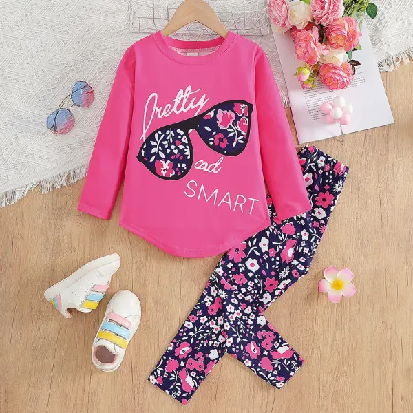 【3Y-8Y】2-piece Girls Floral Print Long Sleeve T-shirt And Leggings Set - Popopieshop.com 