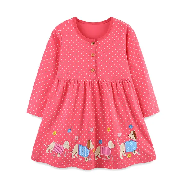 【1Y-7Y】Girls Cute Floral And Dog Embroidered Polka Dot Print Red Dress Only $20.99 - Popopieshop.com 