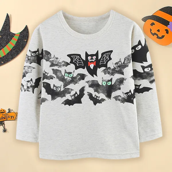 【1Y-7Y】Kids Halloween Bat Print Light Gray Long Sleeve T-shirt - Popopieshop.com 