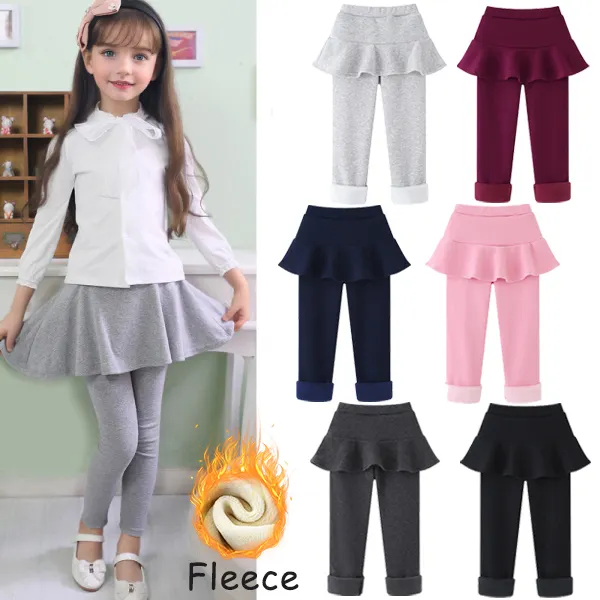 【3M-10Y】Girls Fashionable Solid Color Padded Fleece Fake Two-piece Leggings - Popopieshop.com 