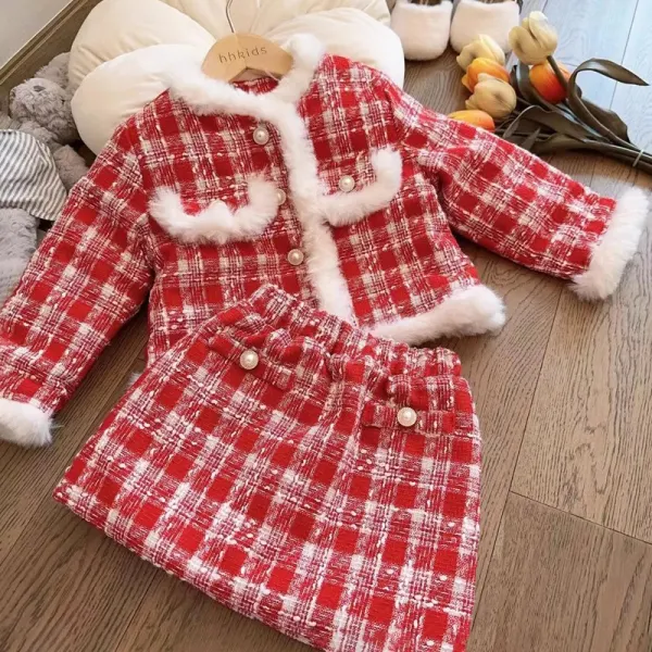 【18M-8Y】2-piece Girls Stylish Red Tweed Plaid Jacket And Skirt Set - Popopieshop.com 