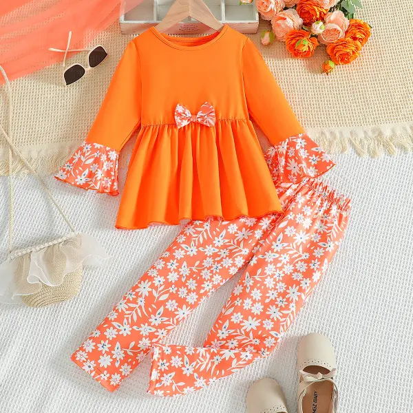 【3Y-7Y】2-piece Girls Cute Floral Print Bow Orange T-shirt And Pants Set - Popopieshop.com 