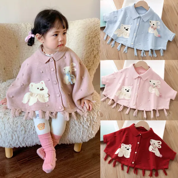 【18M-6Y】Girls Cute Dog And Bunny Jacquard Fringe Sweater Poncho - Popopieshop.com 
