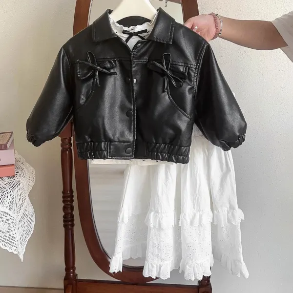 【18M-8Y】Girls Fashion Bow Design Black PU Jacket And White Ruffle Skirt - Popopieshop.com 