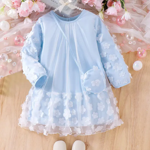 【3Y-7Y】Girls Sweet Flower Mesh Long Sleeve Princess Dress With Crossbody Bag - Popopieshop.com 