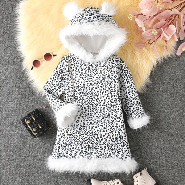 【3Y-9Y】Girls Fashion Leopard Print Fur Collar Hooded Long Sleeve Dress - Popopieshop.com 