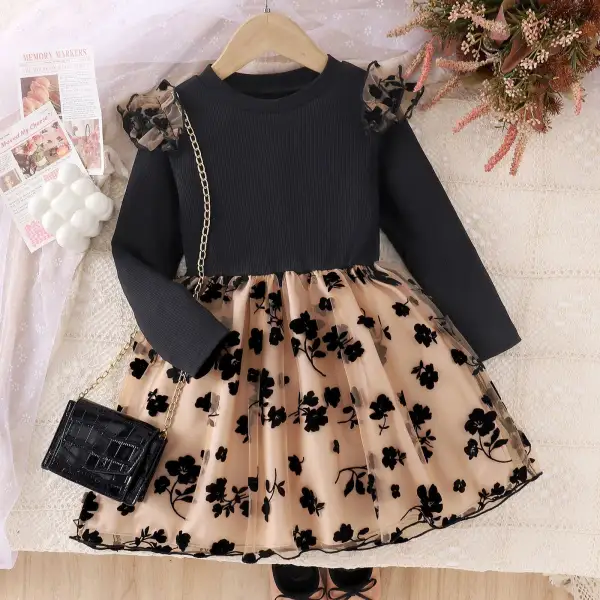 【3Y-7Y】Girls Sweet Black Splicing Floral Mesh Dress - Popopieshop.com 