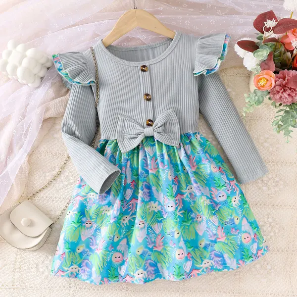 【3Y-7Y】Girls Sweet Cartoon Print Ruffled Bowknot Long Sleeve Dress - Popopieshop.com 