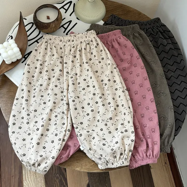 【12M-10Y】Girls Retro Floral Rabbit Print Corduroy Loose Pants - Popopieshop.com 