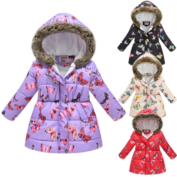 【3Y-10Y】Girls Thick Fleece Butterfly Print Hooded Quilted Jacket - Popopieshop.com 