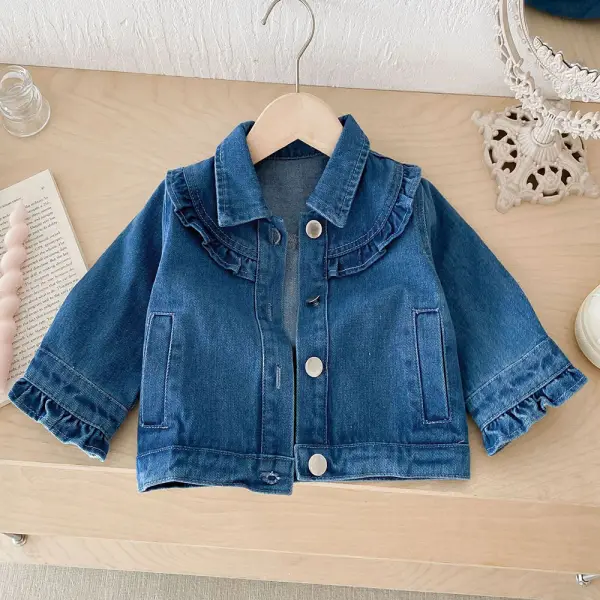 【12M-6Y】Girls Solid Color Ruffle Lapel Denim Jacket - Popopieshop.com 