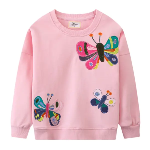 【18M-7Y】Girls Pink Butterfly Embroidered Round Neck Long Sleeve Sweatshirt - Popopieshop.com 