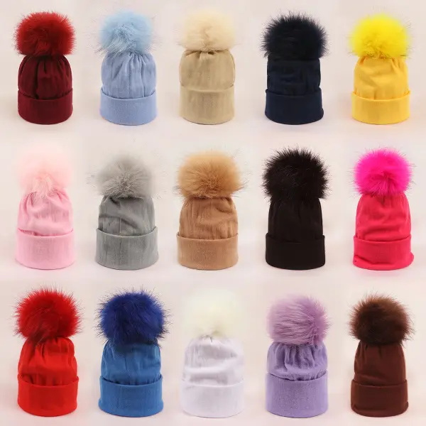 Unisex Kids Autumn And Winter Keep Warm Large Fur Ball Multicolor Ear Protection Knitted Hat - Popopieshop.com 