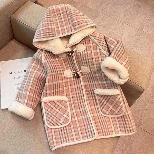 【18M-6Y】Girls Cute Plaid And Plus Velvet Keep Warm Hooded Coat - Popopieshop.com 