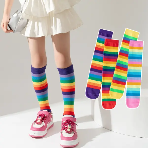 Girls Fashion Cotton Rainbow Stripe High Elastic Socks - Popopieshop.com 