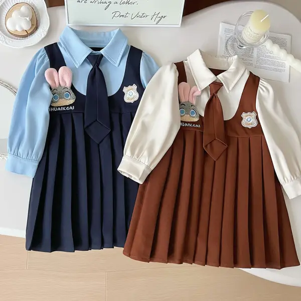 【18M-8Y】Girls Tie Bunny Embroidered False Two Piece Long Sleeve Pleated Dress - Popopieshop.com 