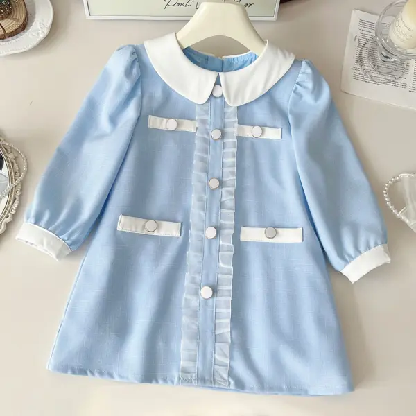 【18M-8Y】Girls Blue Ruffle Lapel Long Sleeve Dress - Popopieshop.com 