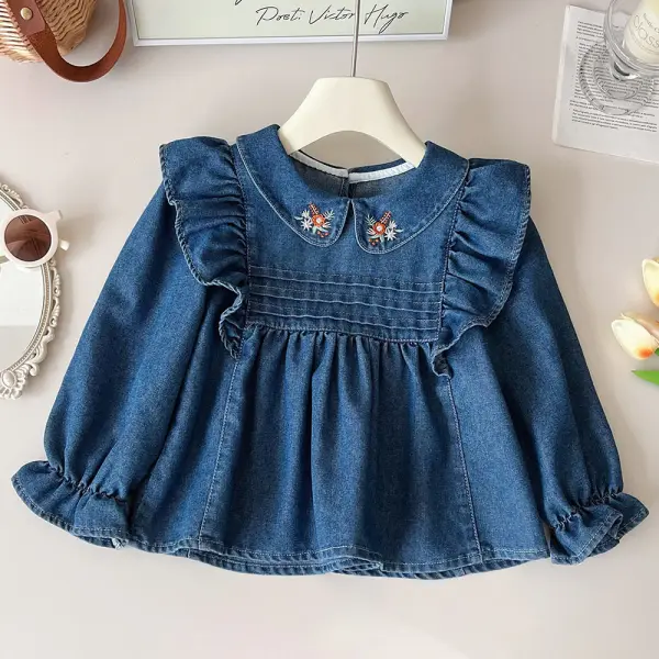 【18M-8Y】Girls Floral Embroidery Long Sleeve Denim Shirt - Popopieshop.com 