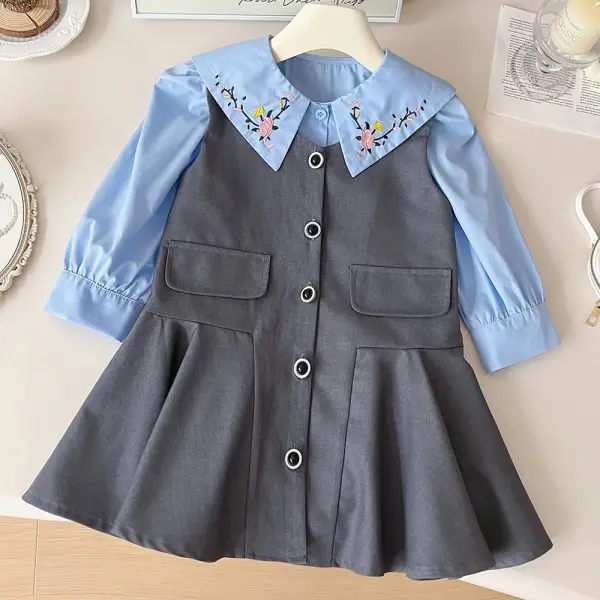 【18M-8Y】2-piece Girls Floral Embroidered Long Sleeve Shirt And Dress Set - Popopieshop.com 