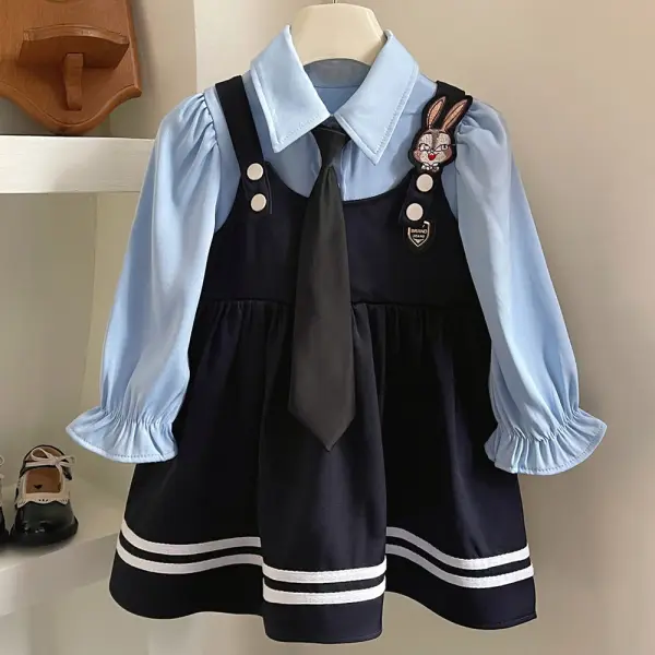 【18M-8Y】Girls Blue Tie Bunny Embroidered Fake Two Piece Long Sleeve Dress - Popopieshop.com 