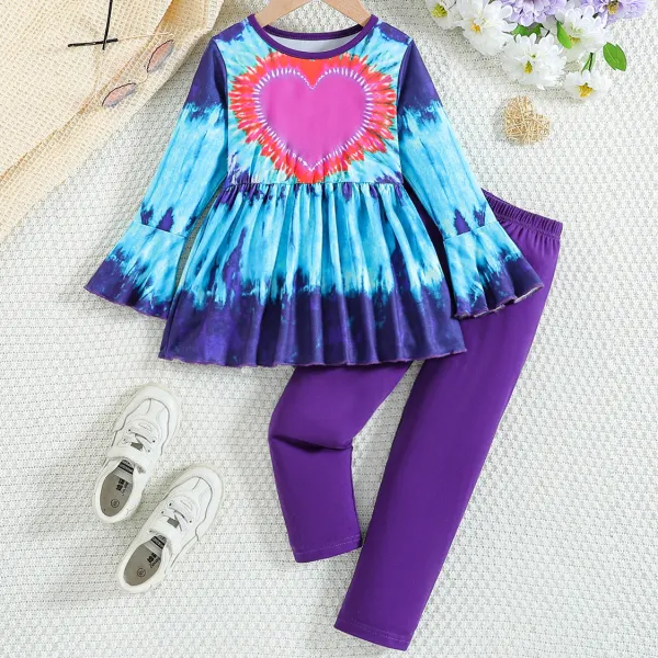 【3Y-7Y】2-piece Girls Stylish Heart Shape Tie-Dye Printed T-shirt And Leggings Set - Popopieshop.com 