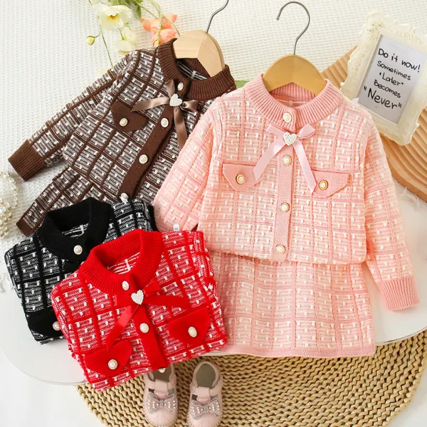 【18M-6Y】2-piece Girls Fashion Heart Shape Bow Design Plaid Jacquard Sweater Cardigan And Skirt Set - Popopieshop.com 