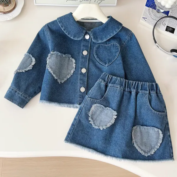 【18M-8Y】2-piece Girls Fashion Heart Shape Embroidered Blue Denim Jacket And Skirt Set - Popopieshop.com 