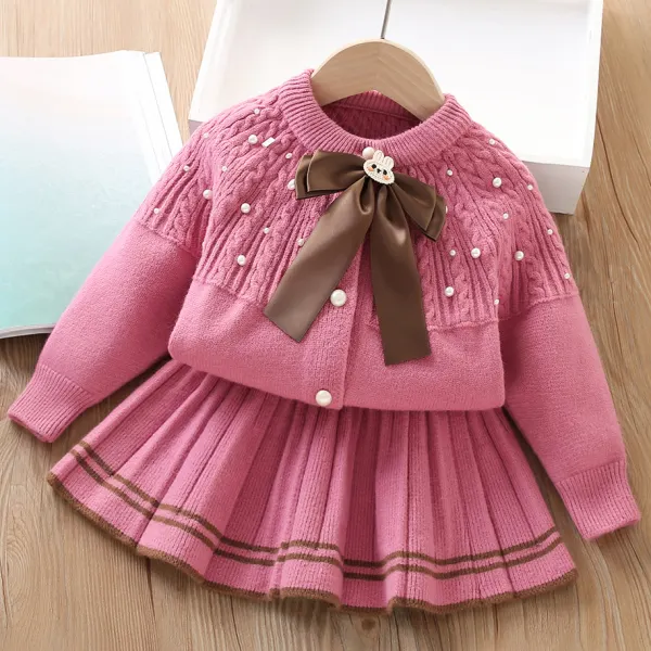 【18M-6Y】2-piece Girls Cute Bunny Bow And Bead Design Sweater Cardigan And Skirt Set - Popopieshop.com 