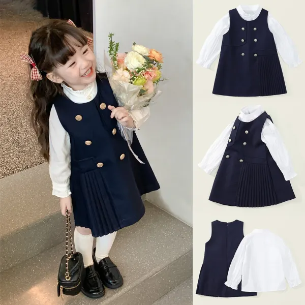 【18M-7Y】2-piece Girls College Style White Blouse And Treasure Blue Dress Set - Popopieshop.com 