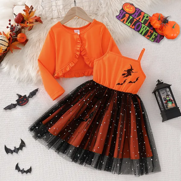 【3Y-10Y】2-piece Girls Halloween Bat Print Splicing Layered Mesh Suspender Dress And Ruffled Long Sleeve Jacket Set - Popopieshop.com 