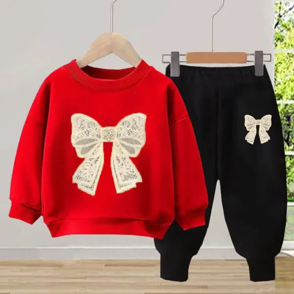 【2Y-12Y】2-piece Girls Sweet Cotton Lace Bow Print Crew Neck Sweatshirt And Pants Set - Popopieshop.com 